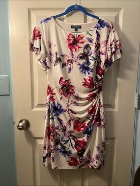 Lauren Ralph Lauren Cream Midi Dress with Red & Purple Floral Print